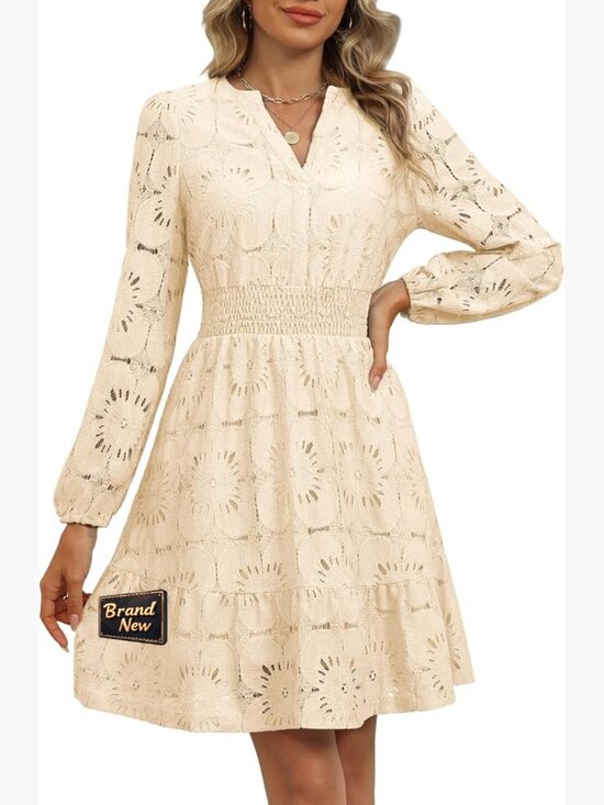 Dresses & Skirts - Women's Long Sleeve Eyelet Lace A-Line Mini Dress with Pockets Flowy Fit